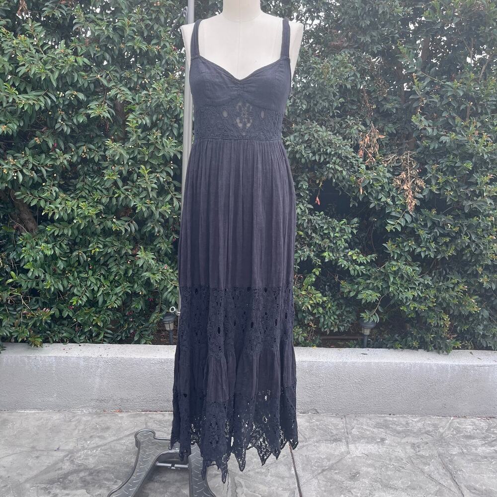Free People Black Cotton Boho Maxi Dress Women Size 6 Crochet Lace Empire Fairy